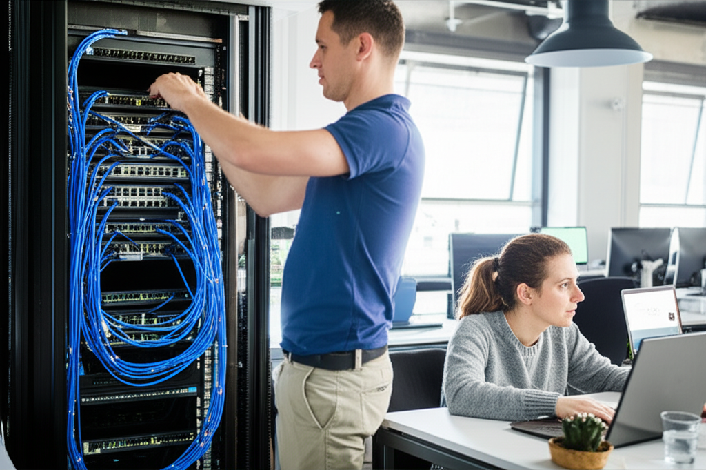 Professional engineers installing network infrastructure